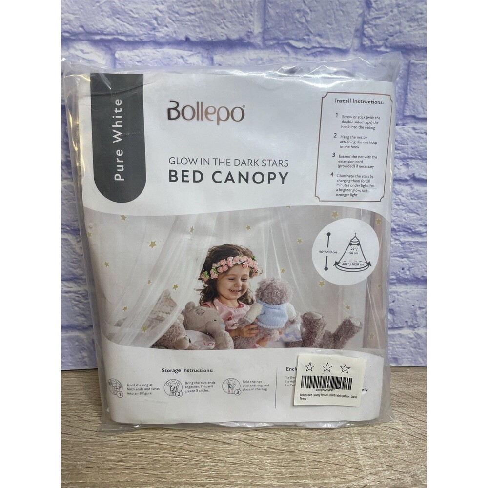Bollepo White Bed Canopy for Girls with Glowing Stars - Princess